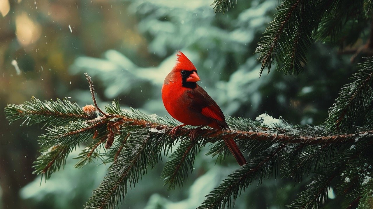 Winter scene with a cardinal bird on a spruce tree, displaying red feathers against snow.