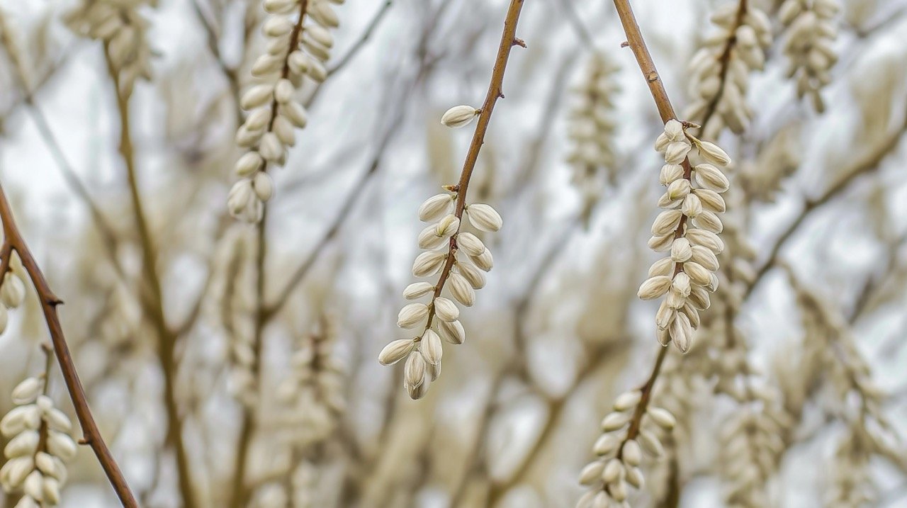 Winter willow catkins in the background, highlighting the fresh white color of springtime and nature.