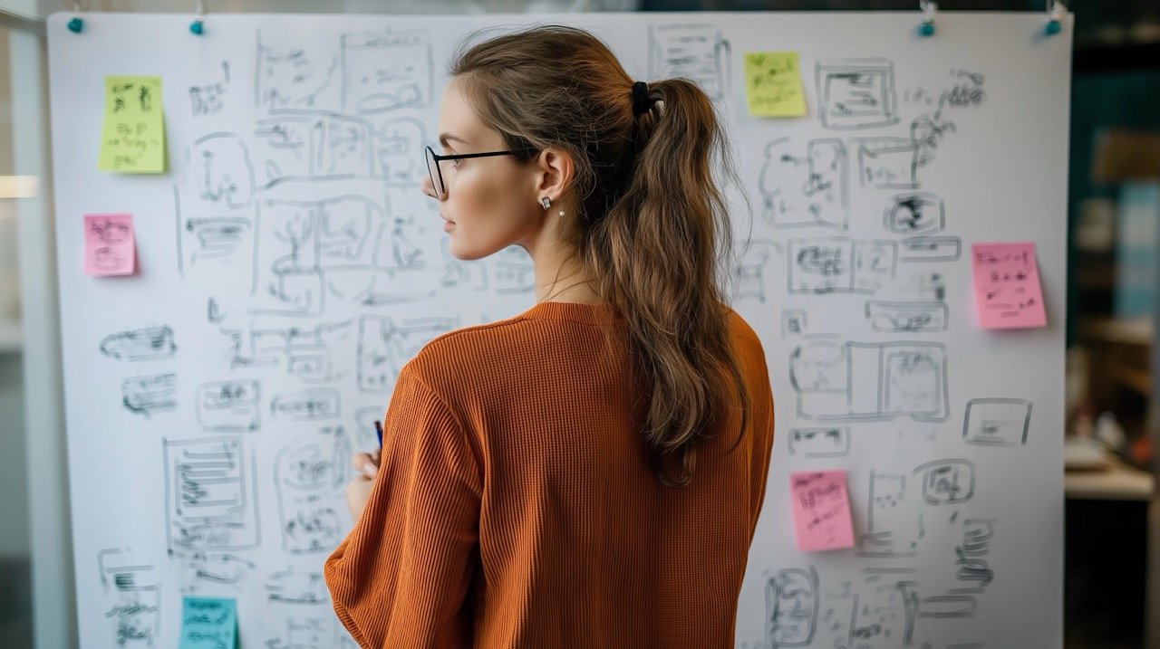 Woman Developing Business Plan in Creative Office, Focusing on Marketing, Strategy, and Business Ideas