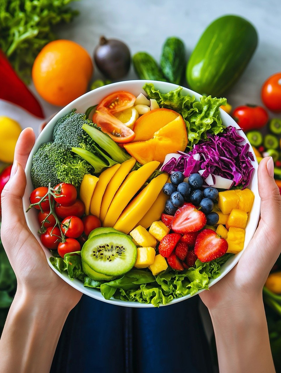 Woman Eating Colorful Rainbow Salad, Packed with Fresh Fruits and Vegetables for a Healthy Diet