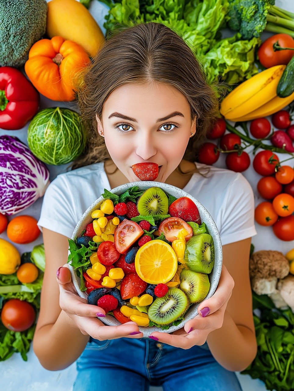 Woman Enjoying Fresh Rainbow-Colored Salad with Multicolored Fruits and Vegetables, Healthy Eating Concept