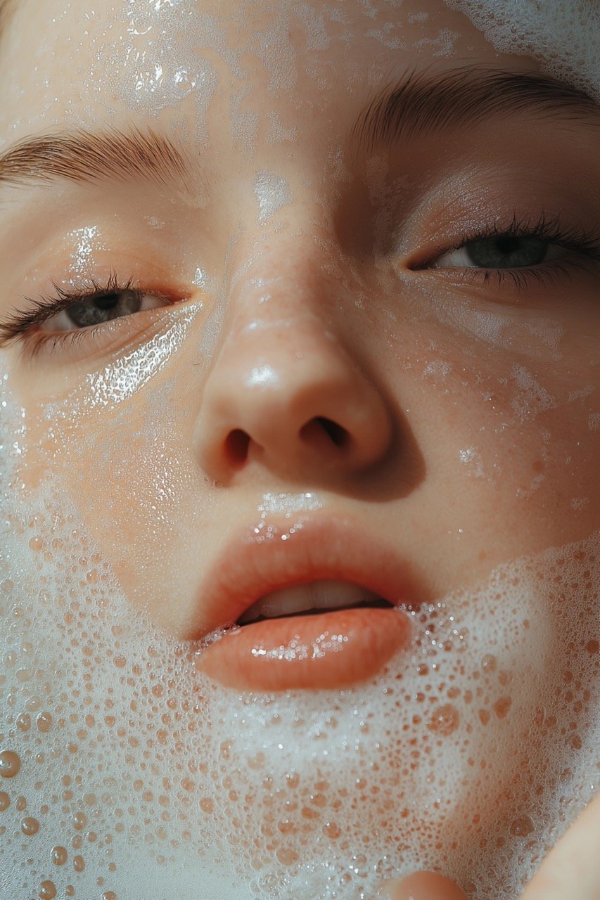 Woman Washing Face by Hand with Foam and Bright Light for Fresh, Clean Skin Stock Photo