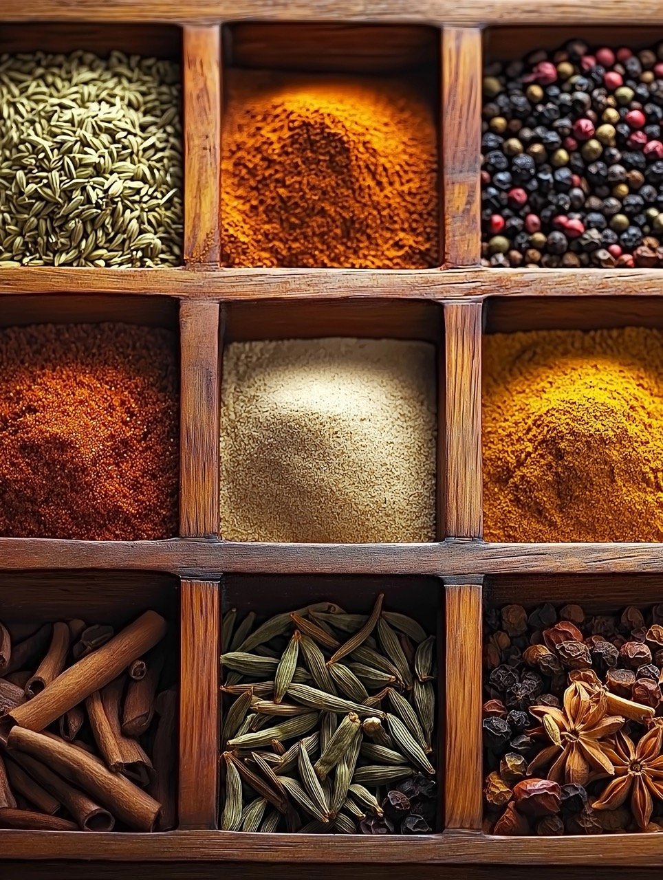 Wooden Trays with Indian Spices Including Curry Ingredients, Traditional Flavor of Indian Cuisine