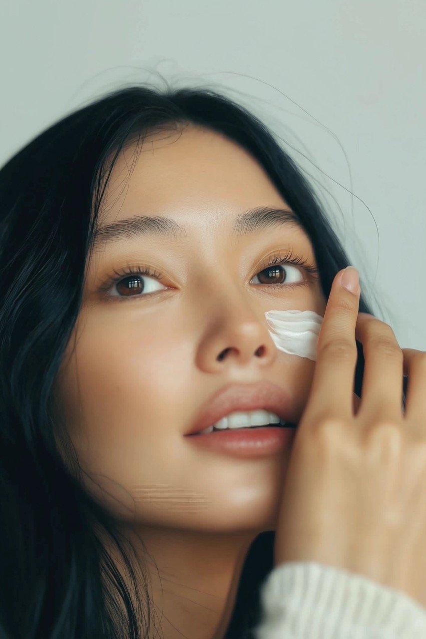 Young Asian Woman Touching Her Face with Soft Skin from Natural Cosmetics and Lush Black Hair